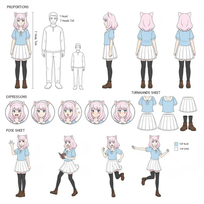 Complete cat girl character design with turnaround angles, expressions and outfit variations