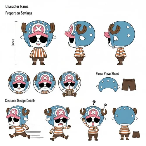 AI generated complete character design sheet with turnaround views, expressions and multiple poses