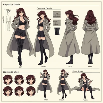 AI generated Detective Conan style character sheet in Gosho Aoyama's distinctive manga art style